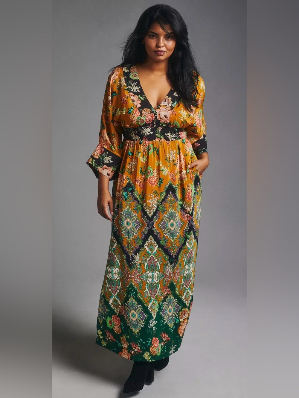 Anthropologie Printed V Neck Maxi Dress Size 8